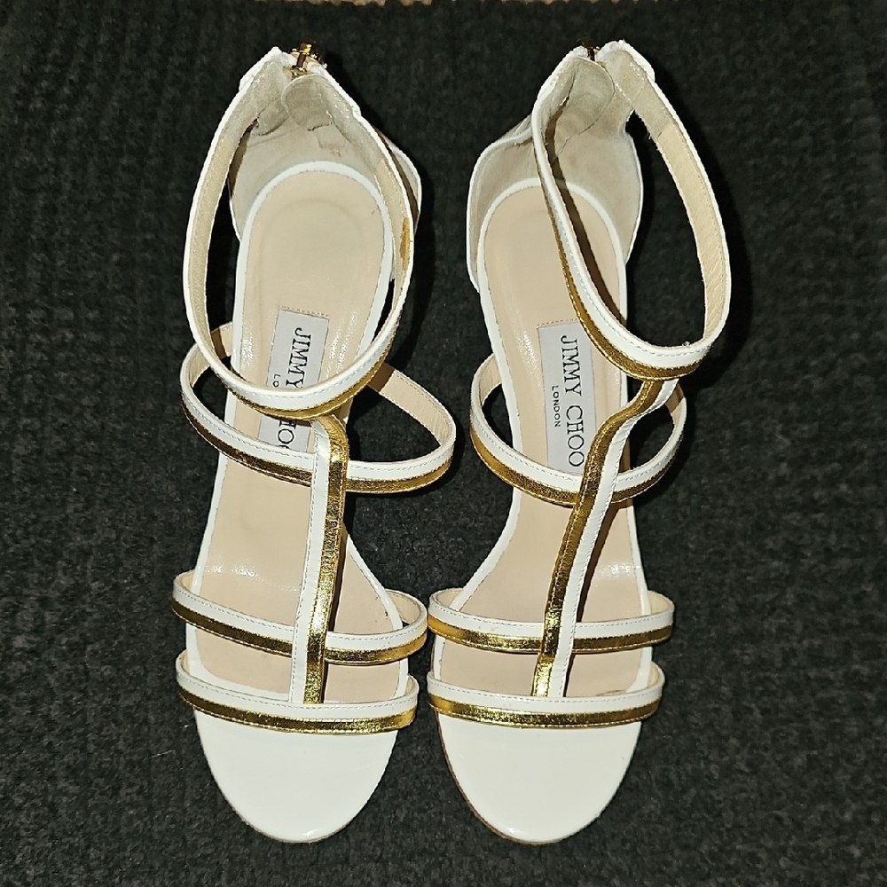 Jimmy Choo White and Gold Heels with Strappy Design